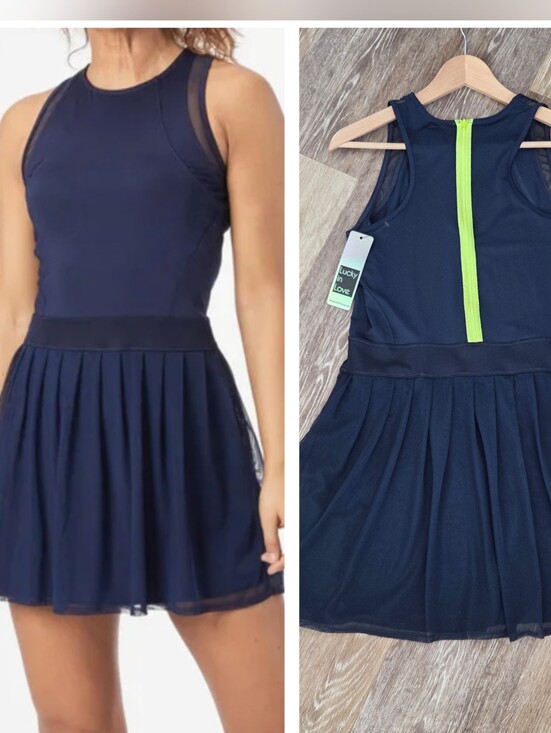 Lucky in Love Dresses & Skirts - Lucky in Love Navy Blue Athletic Tennis Dress NWT Pleated Tennisprep Neon Zip-up